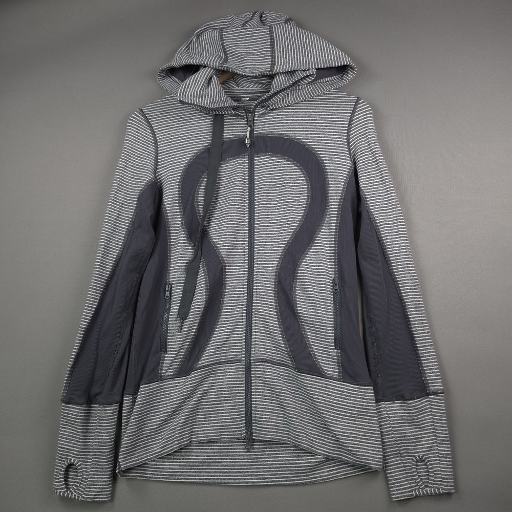 Lululemon Stride Jacket Womens 6 Gray Wee Stripe Full Zip Hooded Thumbholes Luon